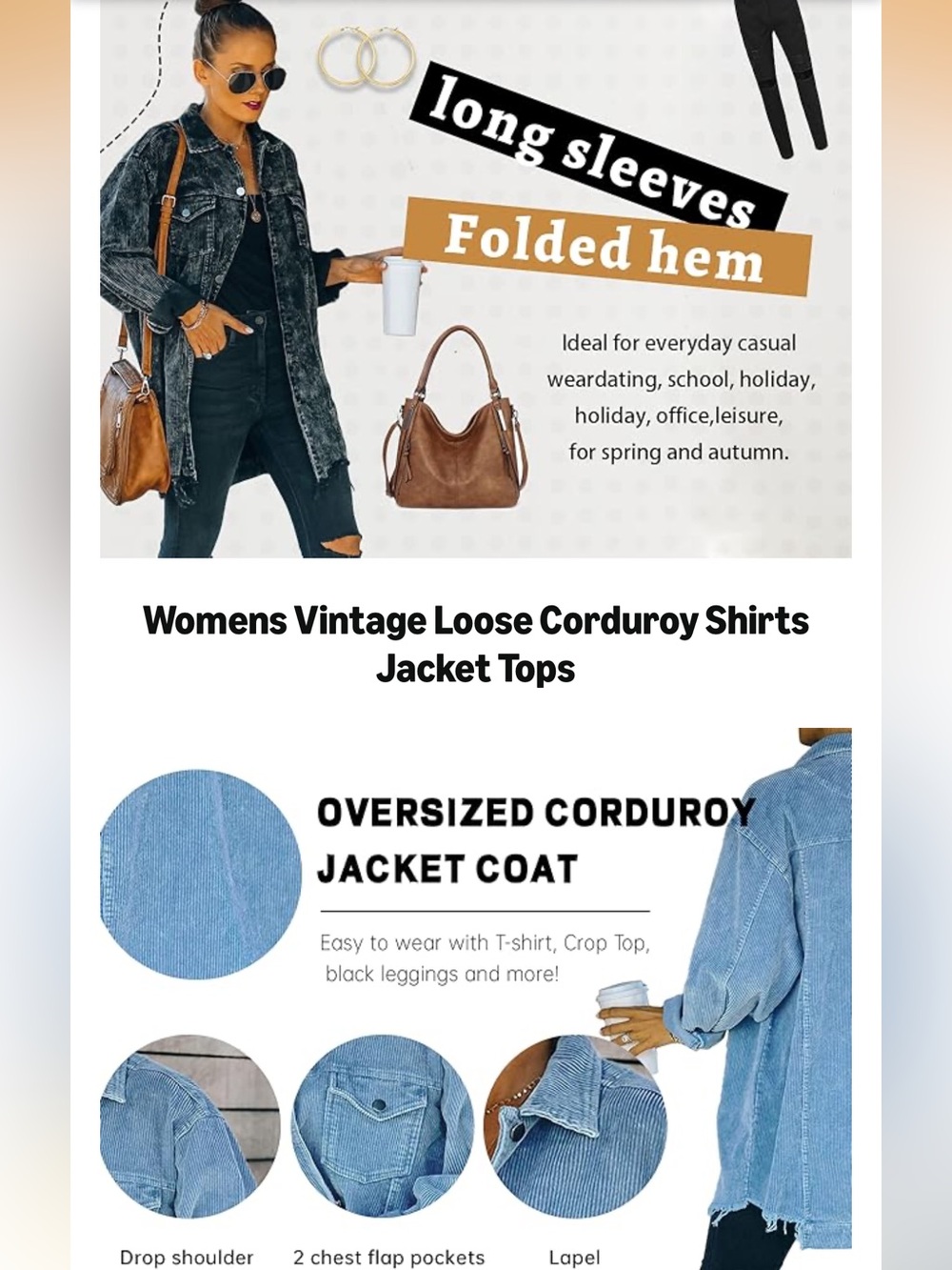 Women's Oversized Button Down Corduroy Shirt Jacket Coat Washed Retro Shacket - Picture 10 of 12